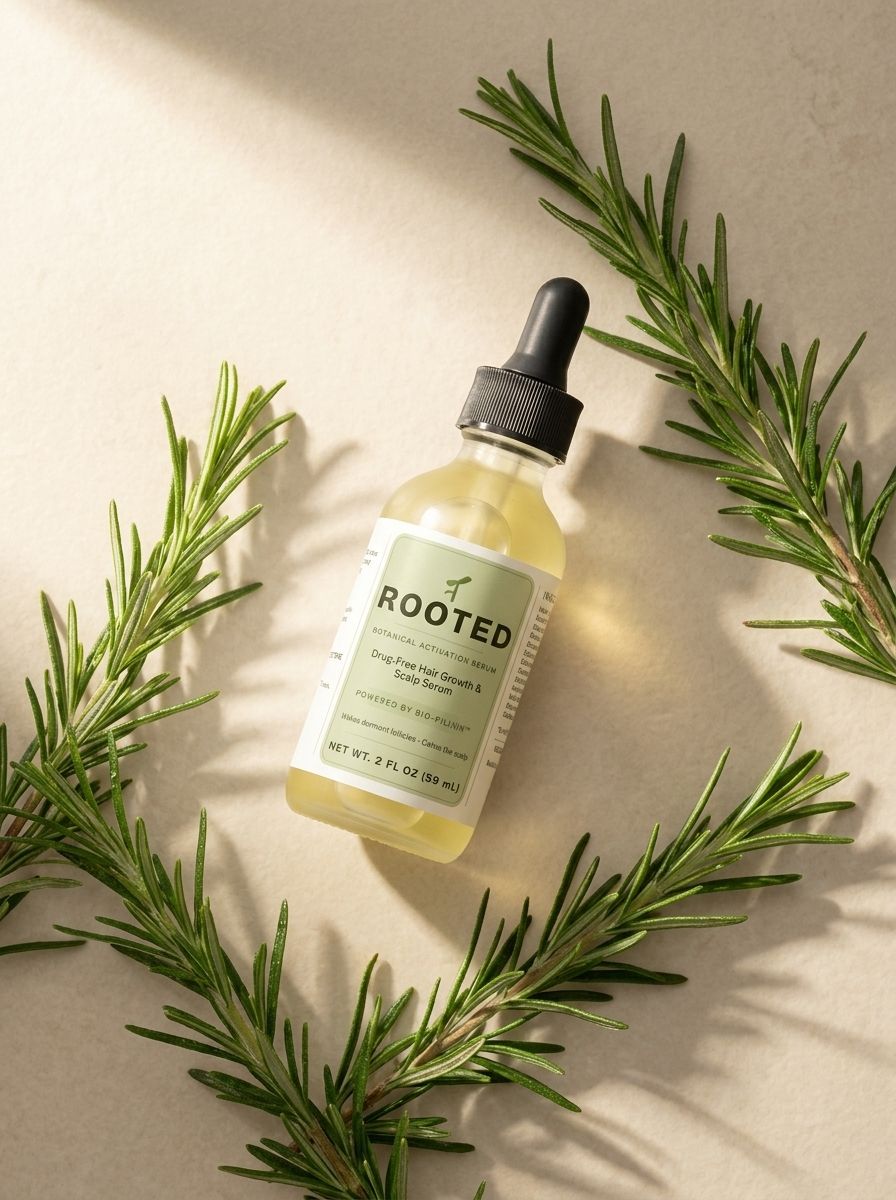 Rooted Botanical Activation Serum surrounded by fresh rosemary